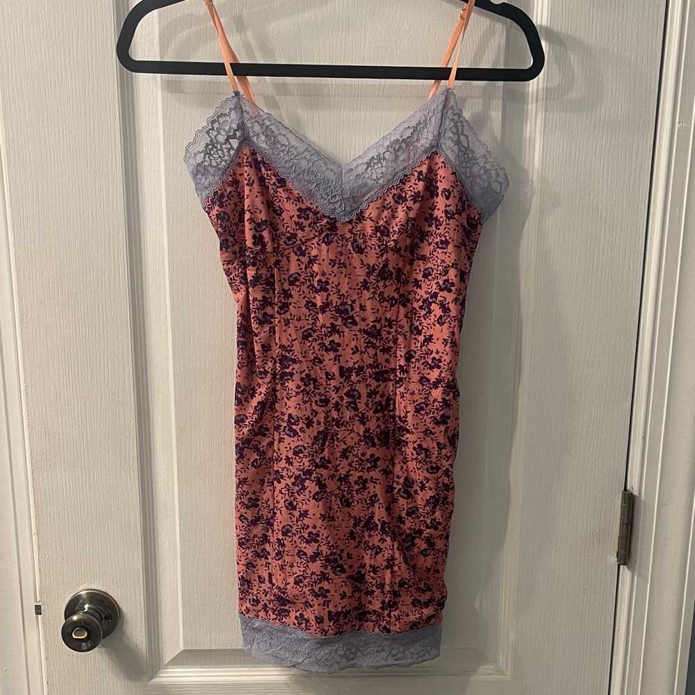 Free People Pink Floral Slip Dress with Gray Lace Trim